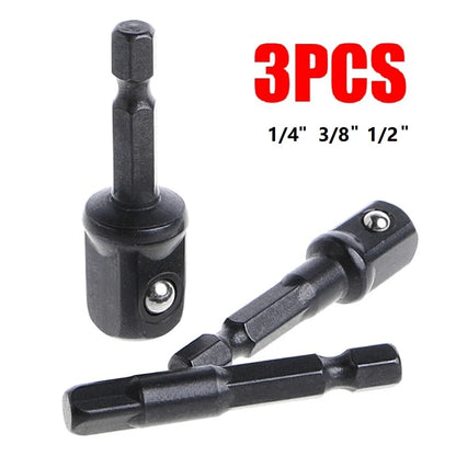 3pcs Impact Socket Adapter Set – 1/4", 3/8", 1/2" Hex Shank Nut Driver Extensions for Screwdrivers