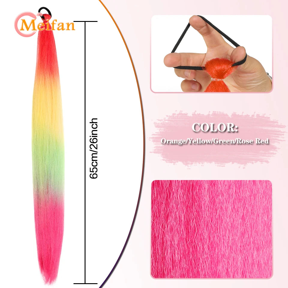 MEIFAN Synthetic Color Braid Ponytail Extension – Red, Green, Blue, Pink, Straight Hair Wrap Around with Elastic Tie