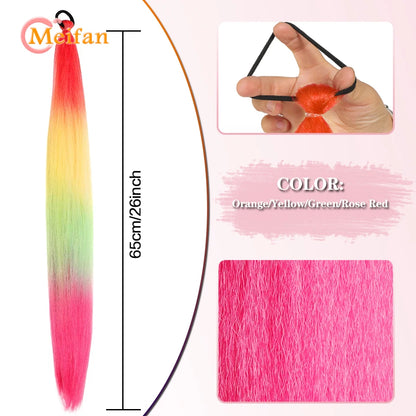 MEIFAN Synthetic Color Braid Ponytail Extension – Red, Green, Blue, Pink, Straight Hair Wrap Around with Elastic Tie