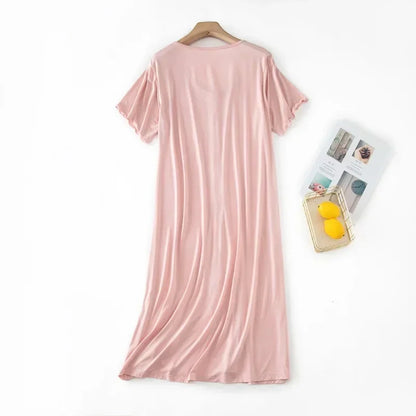 Women’s Modal Short-Sleeve Night Dress – Mid-Length Cotton Sleep Top with Buttons, Plus Size Pajamas