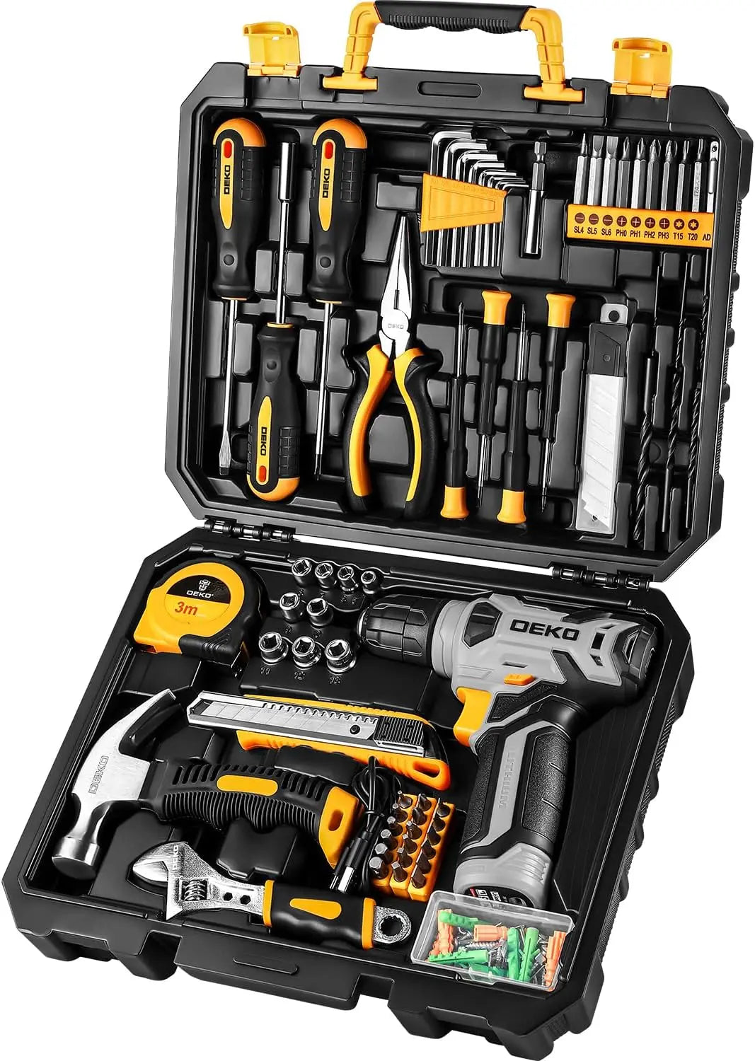 DEKO 126-Piece Power Tool Combo Kit – 8V Cordless Drill with 10MM Keyless Chuck, Professional Home Tool Set