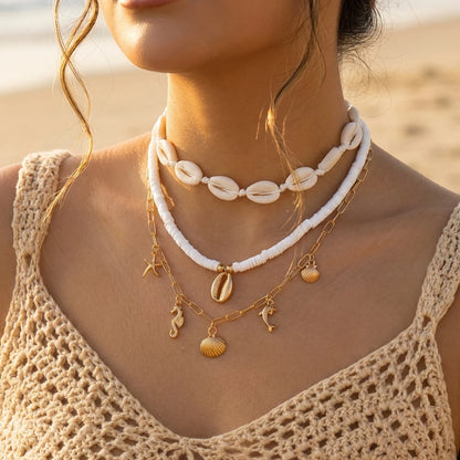 Bohemian Shell Layered Necklace - Vintage Starfish & Turtle Blue Beaded Beach Jewelry for Women