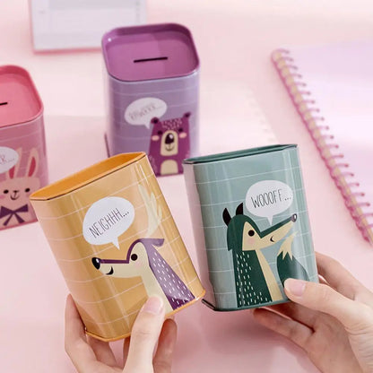 Cartoon Piggy Bank Money Box – Cute Metal Coin Holder, Rectangular Storage Box for Savings and Pens