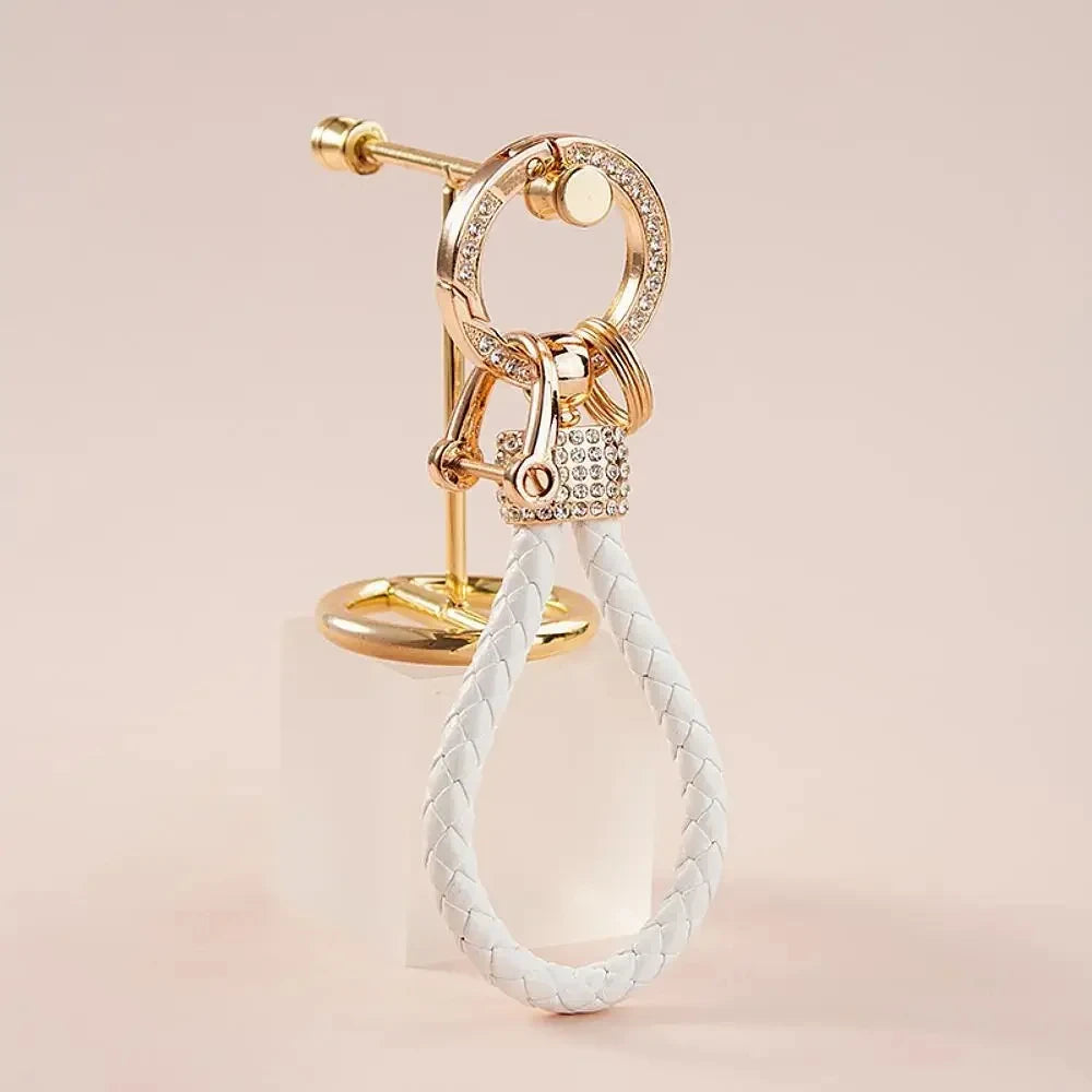 Handcrafted Braided Rope Keychain – Sparkling Rhinestone Car Key Ring, Stylish Monochrome Fashion Accessory