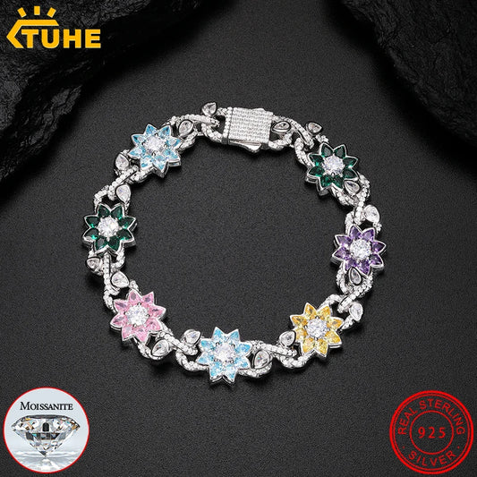 New Iced Out Moissanite Chain Necklace & Colorful Flower Bracelet – Hip Hop S925 Silver, 18K Plated Jewelry for Men & Women