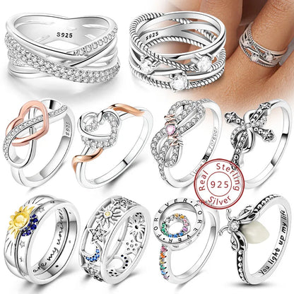 925 Sterling Silver Rings - Bow, Heart, Sun, Moon & Star Zircon Jewelry for Women, Birthday & Anniversary Gift