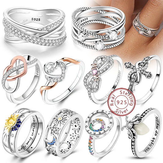 925 Sterling Silver Rings - Bow, Heart, Sun, Moon & Star Zircon Jewelry for Women, Birthday & Anniversary Gift