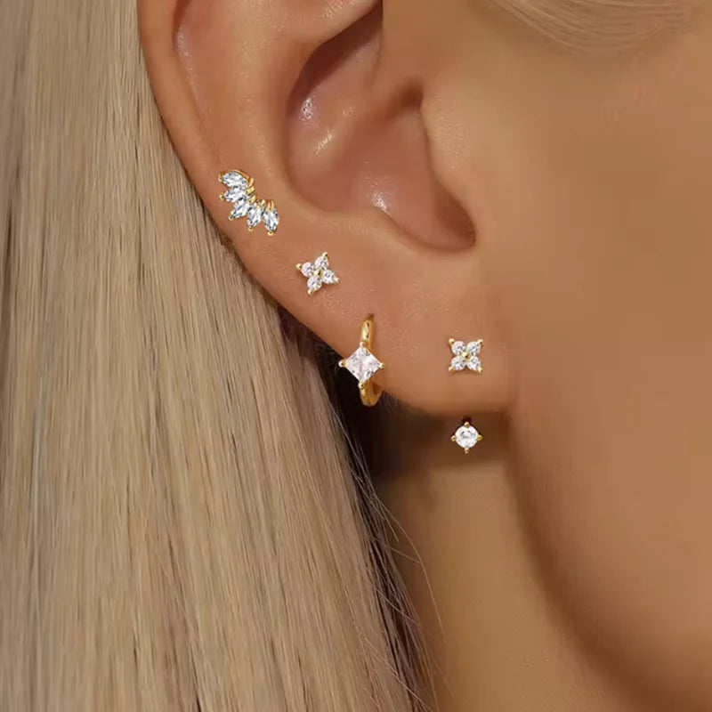 4PCS Women’s Zircon Small Hoop Earrings Set – Stainless Steel Heart, Moon & Flower Huggie Pendant Piercing Jewelry
