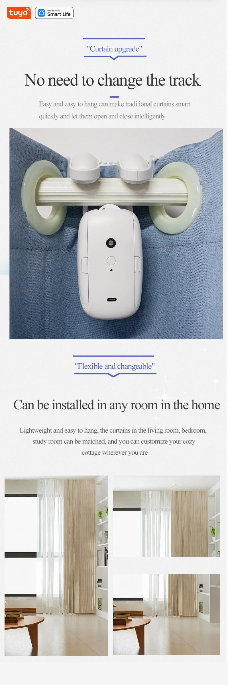 Tuya Smart Curtain Robot Motor — Roman Rod Track, App & Remote Remote Control, Single/Double, Works with Tuya Gateway