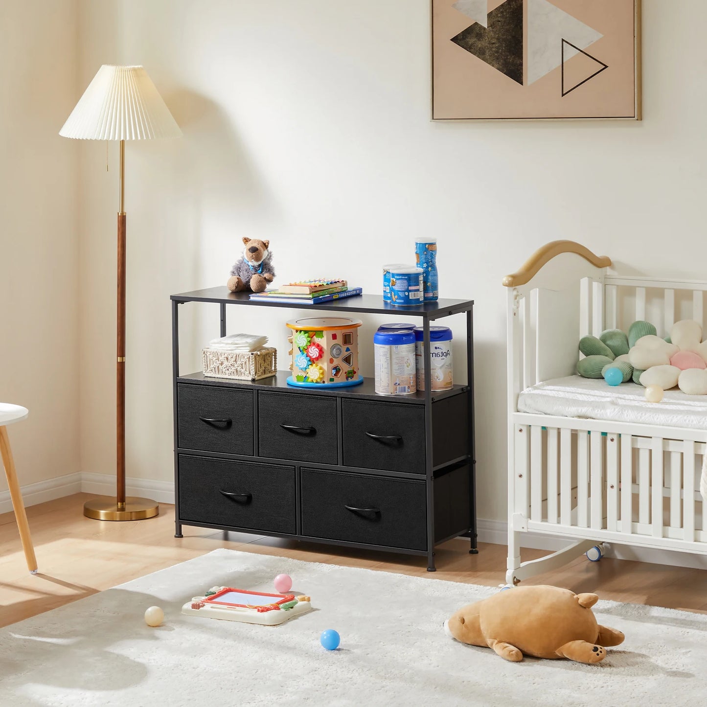 Fireplace TV Stand Dresser — Bedroom Storage Cabinet with 5 Fabric Drawers for Clothes & Display Furniture