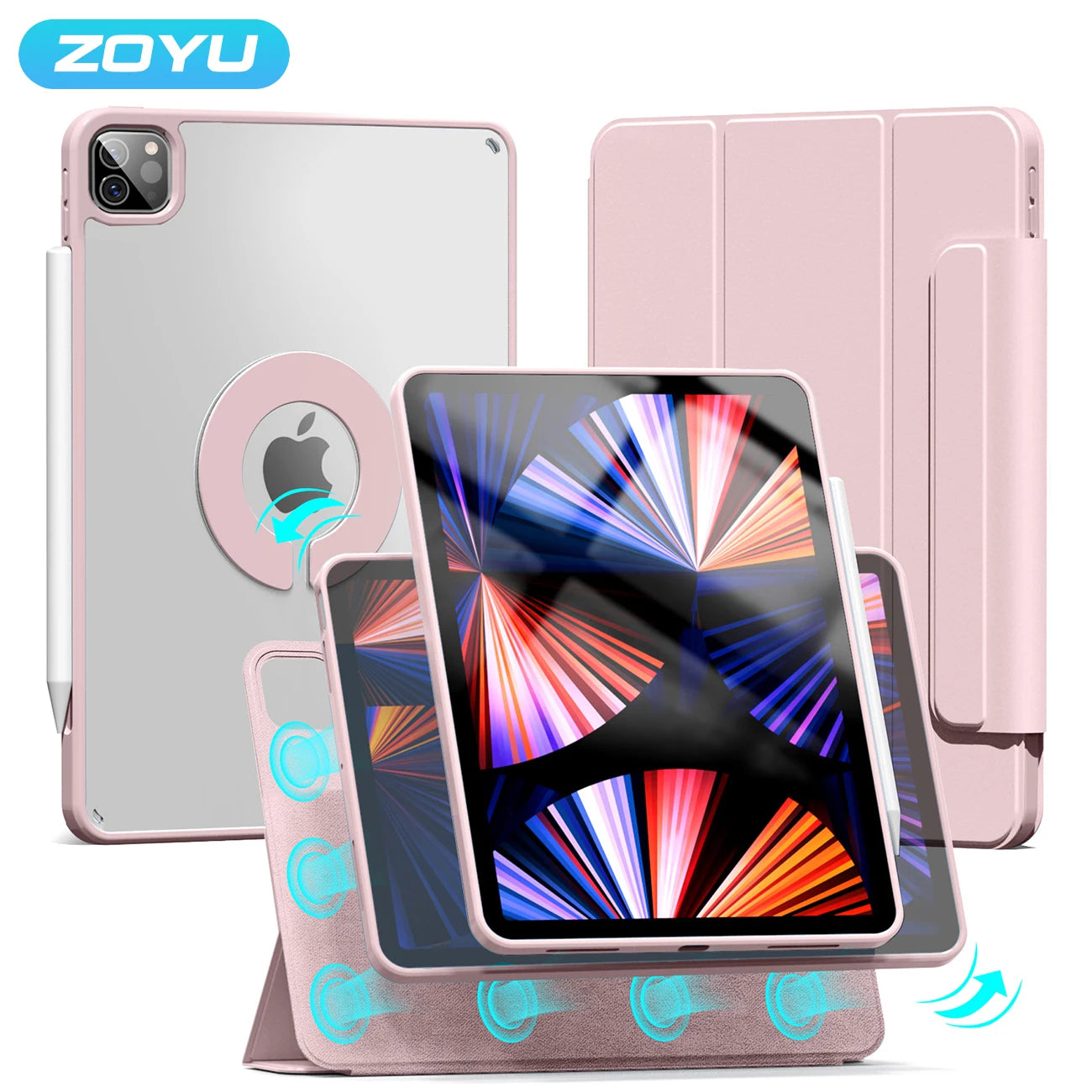 ZOYU Magnetic Case for iPad - Fits Air 4/5 10.9", Pro 11/12.9", Mini 6, 10.2" 7th-9th Gen - 360° Rotatable Detachable Back Case