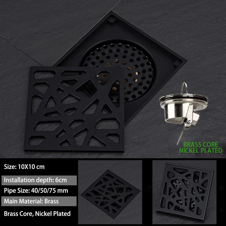 Luxury Brass Floor Drain — 10x10CM Carved Anti-Odor & Insect-Proof Drain for Shower, Bathroom & Balcony