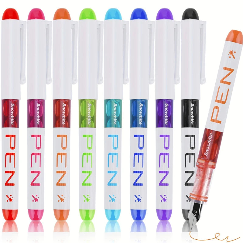 8PCS Disposable Fine Nib Fountain Pens - Assorted Colors Smooth Writing EF Nib with Visible Ink Supply