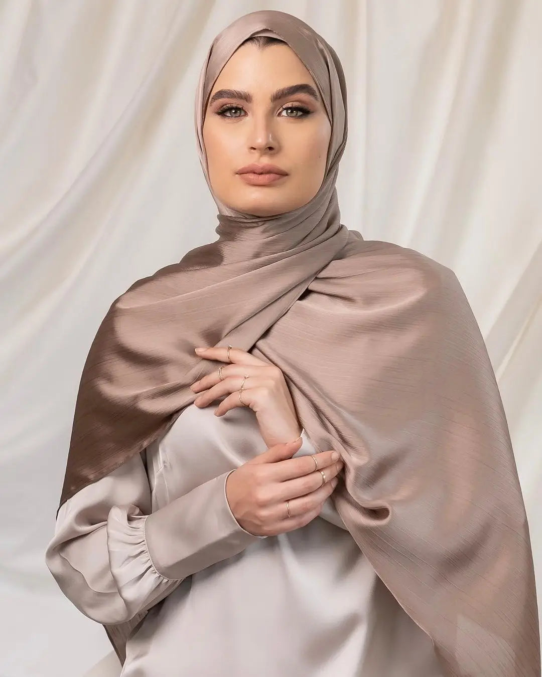 Trendy Long Satin Crinkle Hijab – Silk Crepe Islamic Headscarf for Muslim Women, Lightweight & Stylish