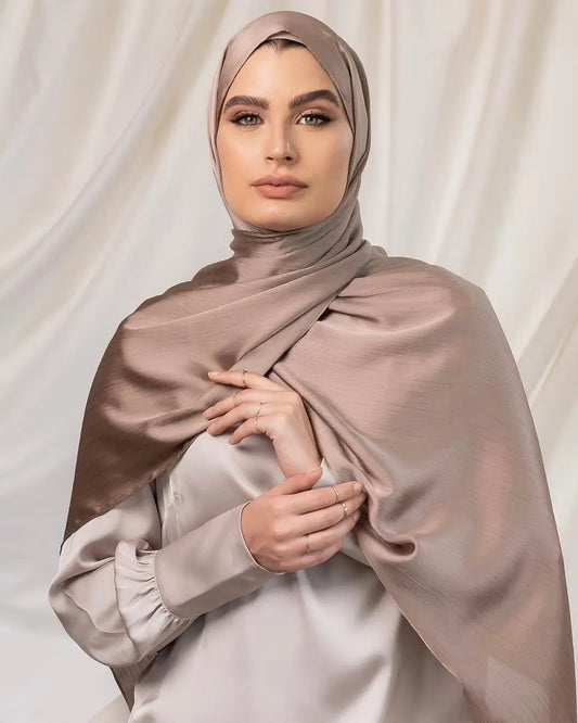 Trendy Long Satin Crinkle Hijab – Silk Crepe Islamic Headscarf for Muslim Women, Lightweight & Stylish