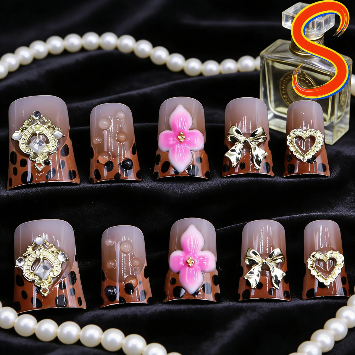 10PCS French Tip Press-On Nails - Short Square Nude Gold Glitter Leopard Nail Set