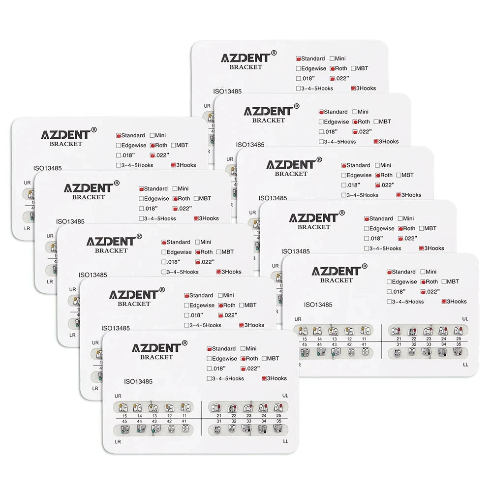 AZDENT 10 Packs Dental Brackets – Orthodontic Metal Mini Standard Roth MBT Slot 0.022/0.018 with Hooks, 20 Pcs per Pack