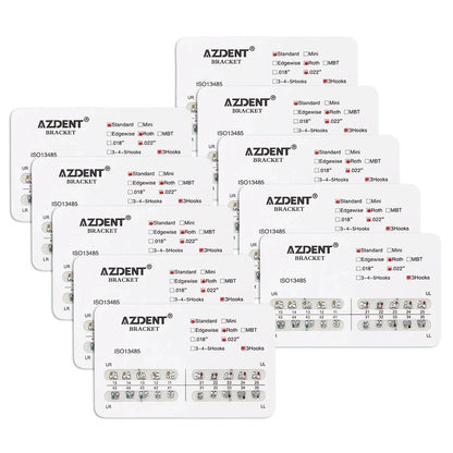 AZDENT 10 Packs Dental Brackets – Orthodontic Metal Mini Standard Roth MBT Slot 0.022/0.018 with Hooks, 20 Pcs per Pack