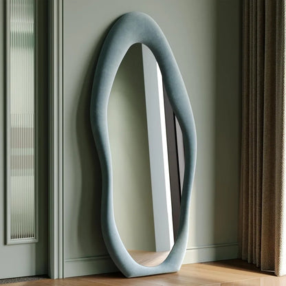 Full-Length Wall Mirror – 63"x24" Wavy Full Body Mirror with Flannel-Wrapped Wood Frame for Bedroom, Living Room & Cloakroom