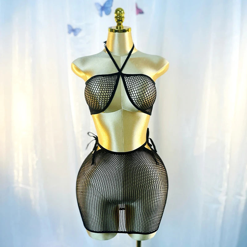 Women’s Sexy Fishnet Long Sleeve Cover-Up Dress – Hollow Out Bodycon Beachwear, Music Festival & Vacation Outfit (DSH617)