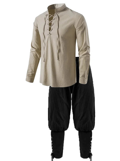 Men's Medieval Knight Costume Set – Renaissance Pirate Shirt & Ankle Pants Halloween Cosplay in Cotton Linen