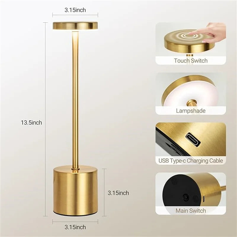 Classic USB Rechargeable Table Lamp – Stepless Dimming Touch Desk Lamp with 3 Colors for Bedside, Hotel & Bar Decoration