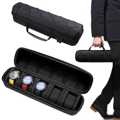 5-Slot Watch Case Travel Organizer — Hard Shell with Pillow Insert, Smartwatch Storage & Gift-Ready (Black)