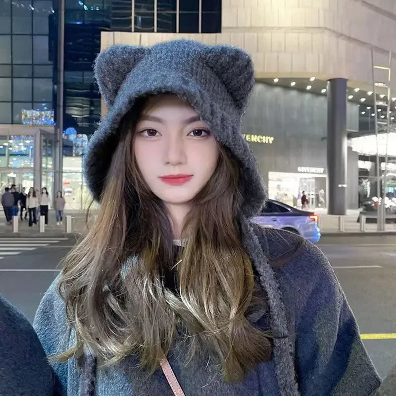 Cute Girl Knit Bear Earmuff Hat – Women’s Woolen Crochet Beanie Bonnet Winter Warm Headwear
