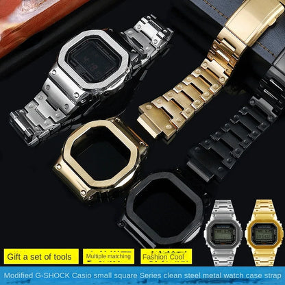 Gold and Black Stainless Steel Bezel and Strap Set for Casio G-Shock DW-5600, GW-B5600 & GW-M5610 - Metal Watch Case Modification Kit