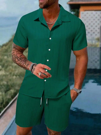 Men's Striped Jacquard Beach Shirt & Shorts Set — Spring Summer Casual Loose Fit, Europe & US Style