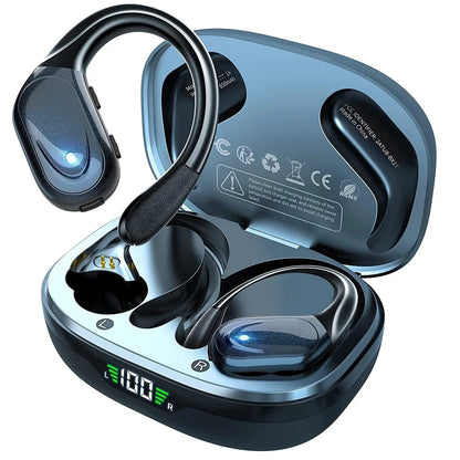 Bluetooth 5.3 True Wireless Earphones with Mic, Noise Reduction, Waterproof Sport Headset with Earhooks