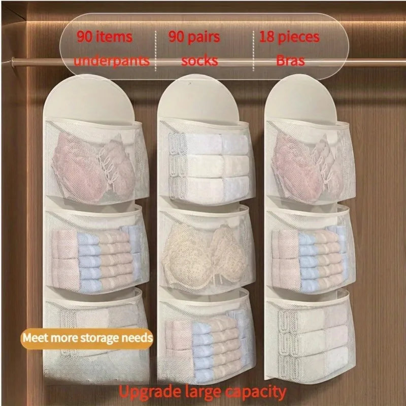 3-Tier Hanging Underwear & Socks Organizer - Wall-Mounted Mesh Storage Bag with Visible Pockets