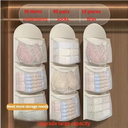 3-Tier Hanging Underwear & Socks Organizer - Wall-Mounted Mesh Storage Bag with Visible Pockets