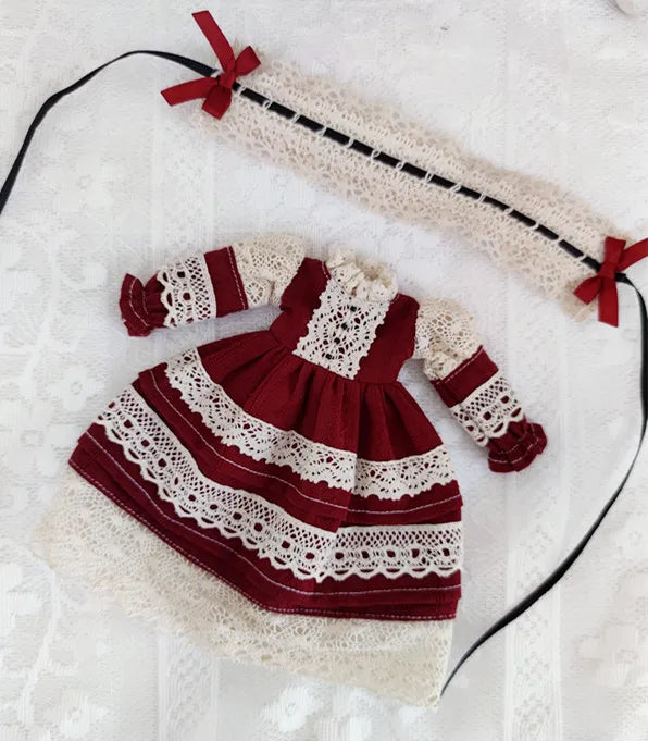 Blythe Doll Clothes – Wine Red & White Princess Dress with Lace for YMY, Licca, Azone OB24/OB27 Dolls