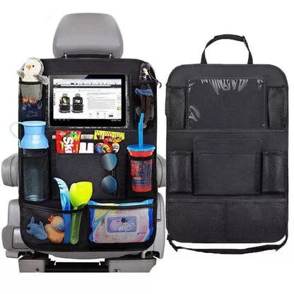 Car Backseat Organizer with Touch Screen Tablet Holder - Auto Storage Pockets & Seat Protectors