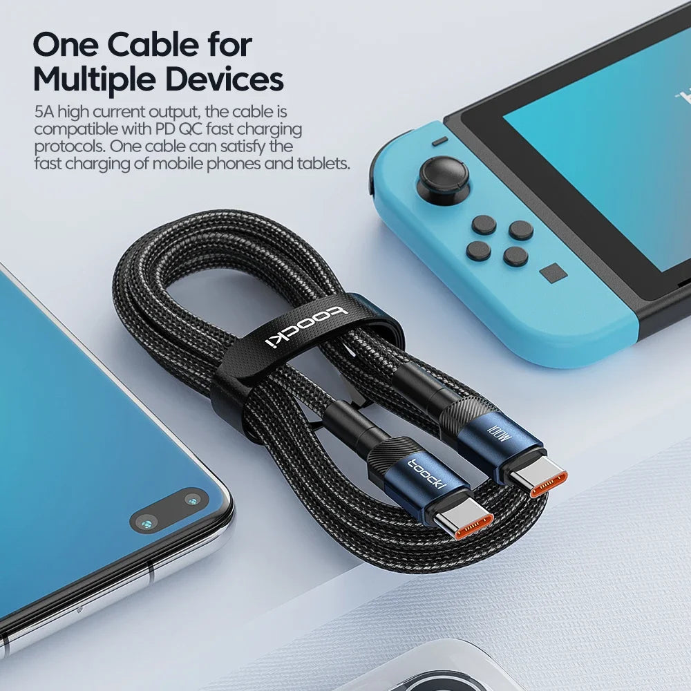 Toocki PD 100W/60W Type-C to Type-C Cable – Quick Charge 3.0 Fast Charging for iPhone 15, Huawei, Samsung, Xiaomi