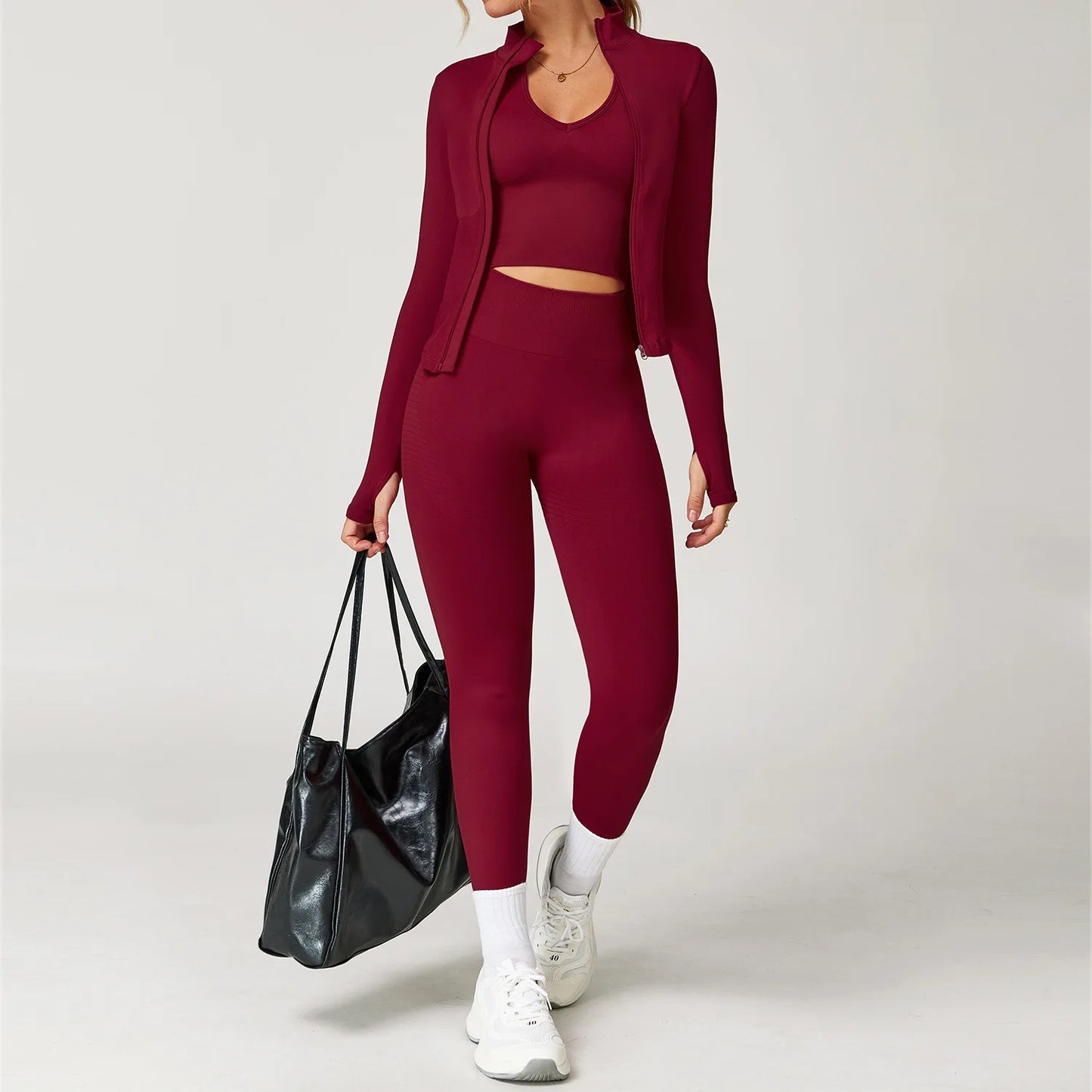 Women’s Seamless 2/3 Piece Yoga Set – Fitness Workout Sportswear with Leggings, Sports Bra & Long Sleeve Gym Outfit