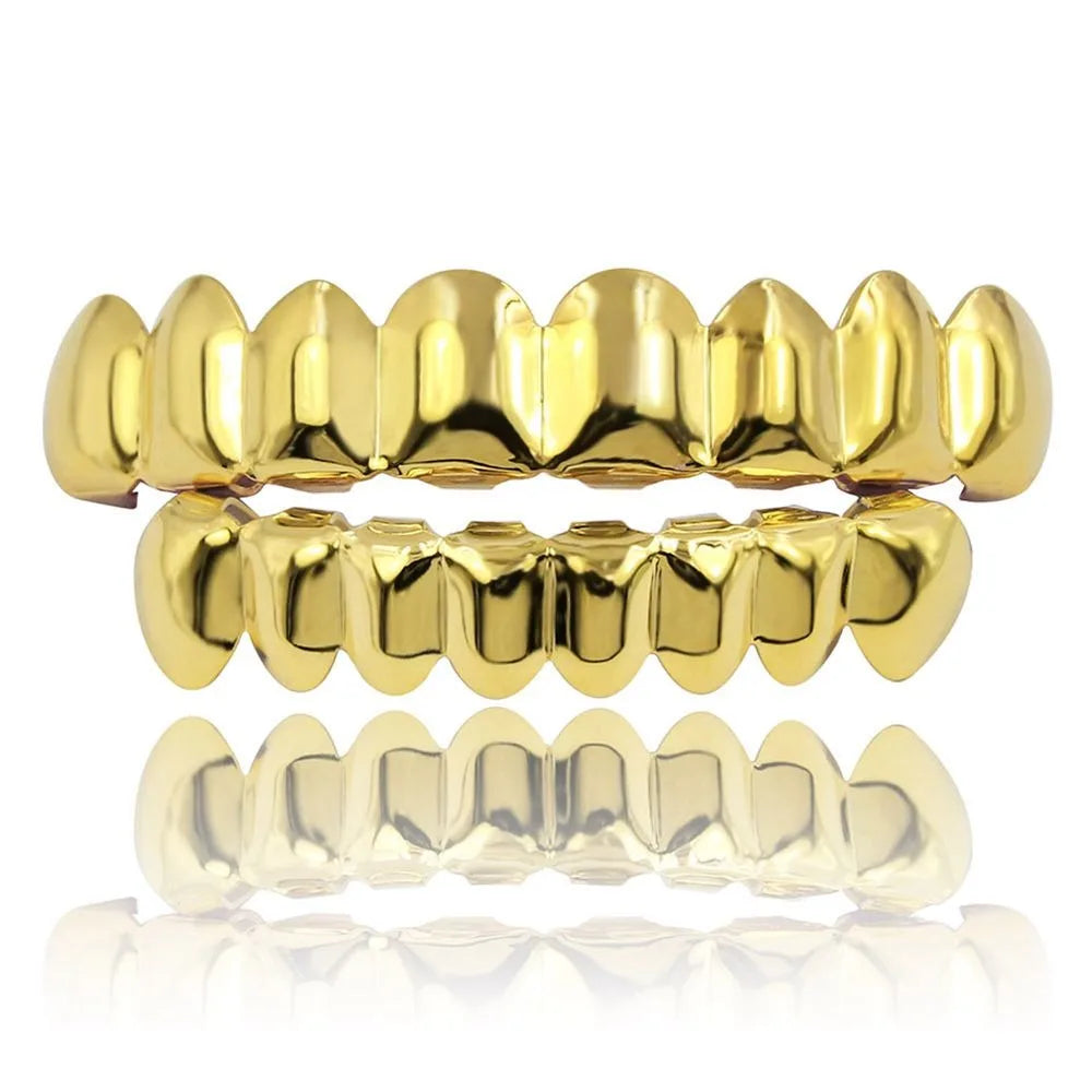 Glossy Teeth Grillz Set - Top & Bottom Anti-Slip Copper Dental Caps Gold Silver Halloween Jewelry Accessory