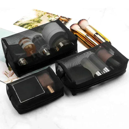 Transparent Mesh Zipper Cosmetic Bag – Fashionable Black Toiletry Organizer, Small & Large Makeup Pouch for Women