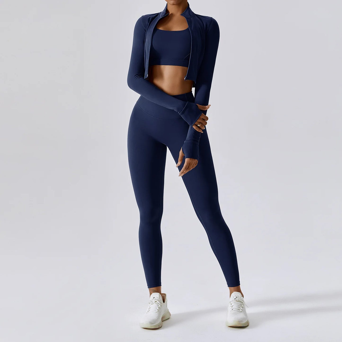 3PCS Women’s Yoga & Workout Set – Long Sleeve Zipper Top with High Waist Leggings Fitness Sportswear