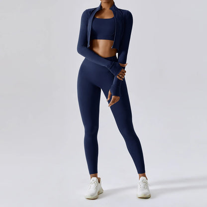 3PCS Women’s Yoga & Workout Set – Long Sleeve Zipper Top with High Waist Leggings Fitness Sportswear