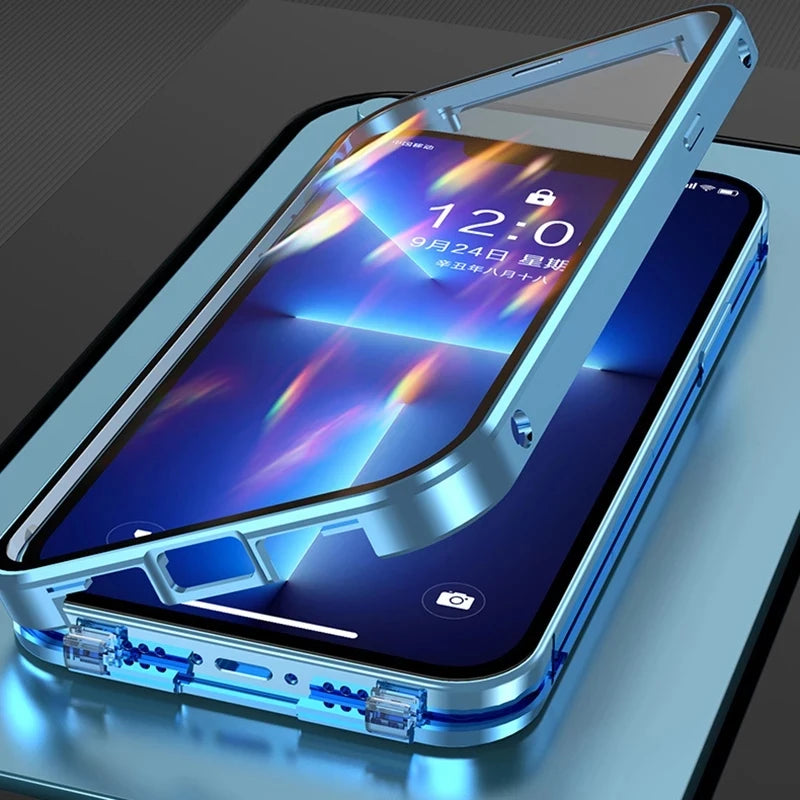 360° Full Protection Magnetic Metal Phone Case - Double-Sided Glass Cover with Lock Buckle for iPhone 11-16 Pro Max