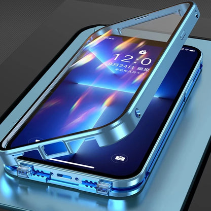 360° Full Protection Magnetic Metal Phone Case - Double-Sided Glass Cover with Lock Buckle for iPhone 11-16 Pro Max