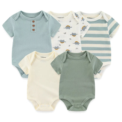 5PCS Newborn Baby Bodysuit Set - Soft Cotton Unisex Baby Clothes with Cartoon Print for Boys & Girls