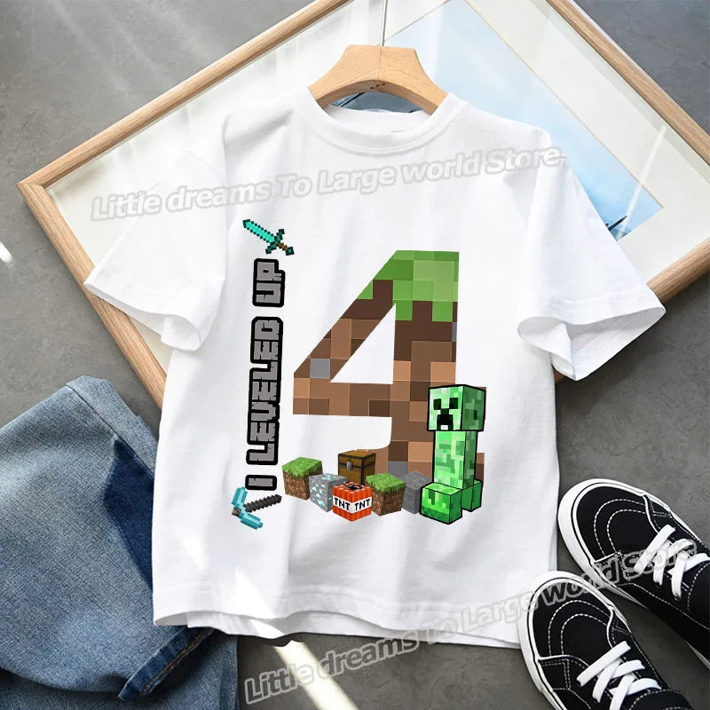 Miner Crafting Birthday Number T-Shirt – Cartoon Summer Short Sleeve Tops for Boys Party Gift