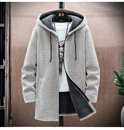 Men's Cashmere Hooded Cardigan Coat – Warm Fleece Long Sweater Jacket for Autumn Winter