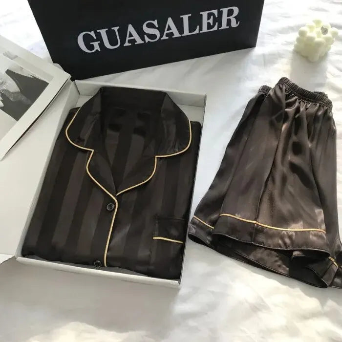 Women's Plus Size Satin Pajamas Set – Elegant Striped Long Sleeve Button-Up Top and Pants Loungewear