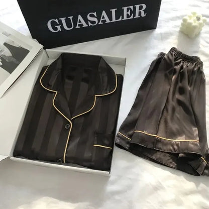 Women's Plus Size Satin Pajamas Set – Elegant Striped Long Sleeve Button-Up Top and Pants Loungewear