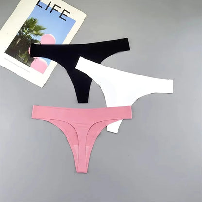 3PCS Ice Silk Seamless Thong Set for Women – Solid Low Rise Sexy G-String Sports Underwear, S-XL Sizes