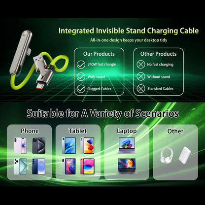240W USB-C Charging Cable - Foldable Built-In Holder for iPhone 16/17, Samsung & Xiaomi